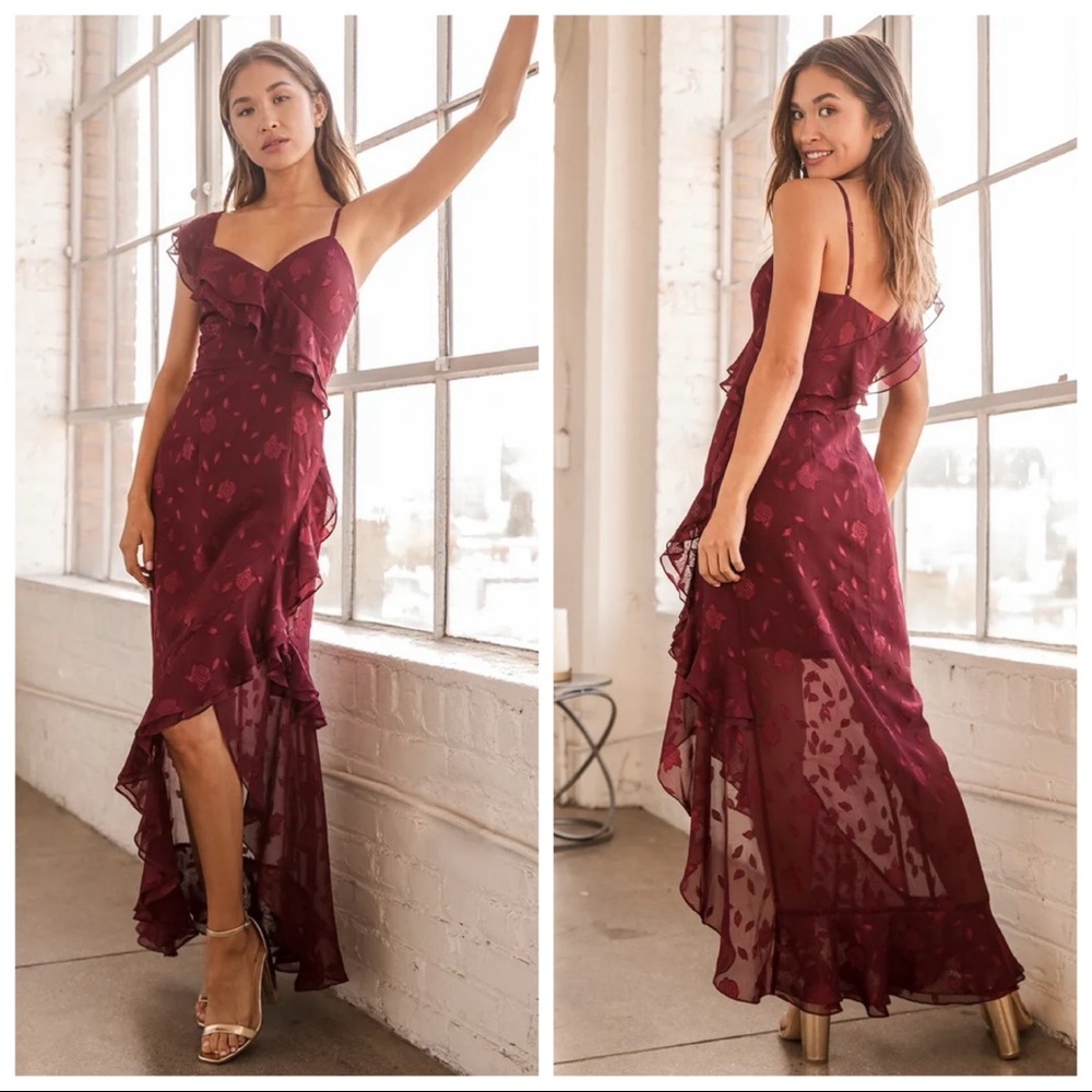 NWOT Lulus Forever Be Burgundy Floral Jacquard Ruffled Maxi Dress Small XSmall